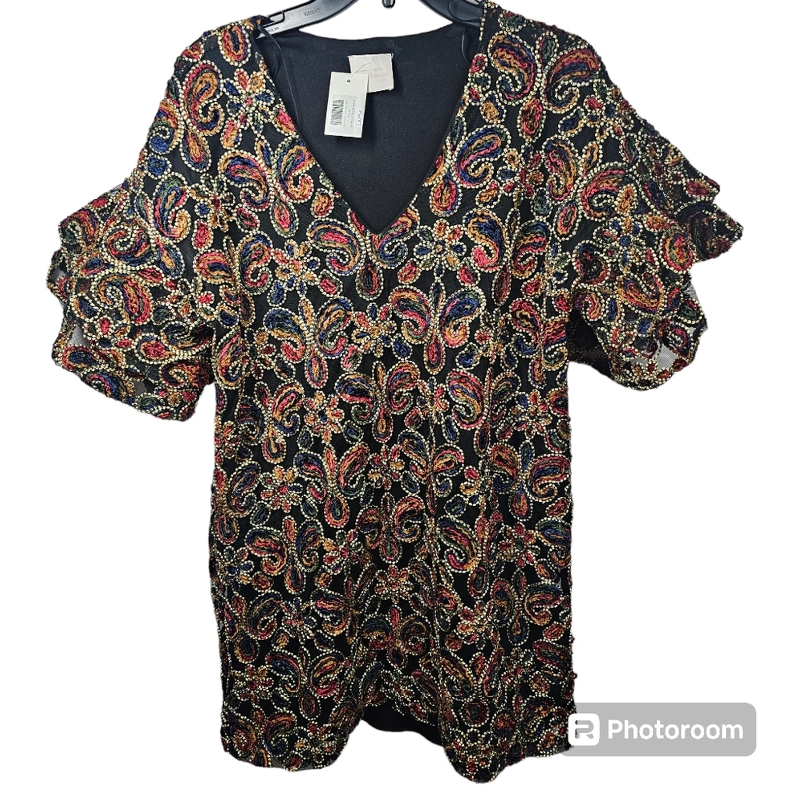 Karlie Multicolored Embroidered Bell Sleeve Velvet Mini Dress Nwt Size L